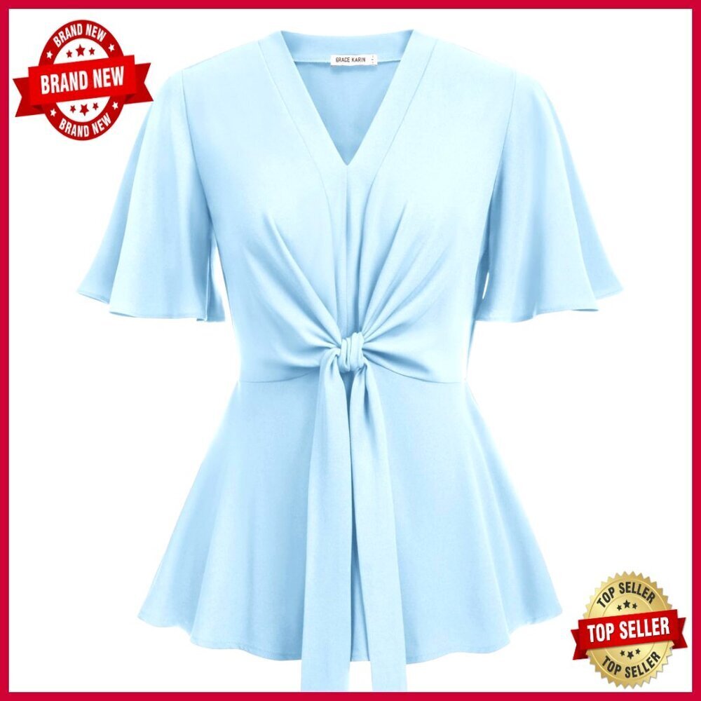 V-Neck Peplum Top with Bell Sleeves, Tie Front, Slim Fit Blouse